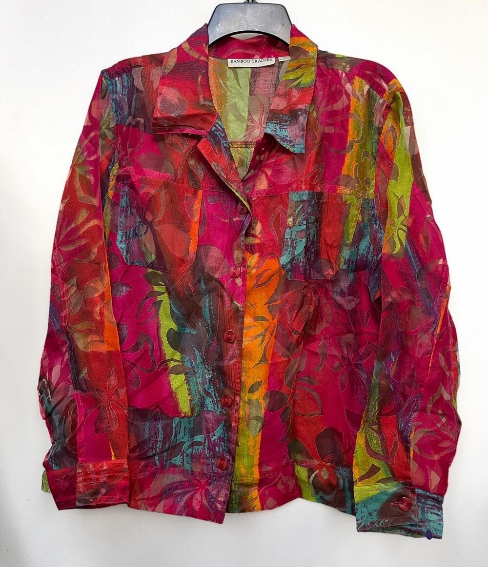 Red Colorful Sheer Blouse Bamboo Traders Button Down Size 1X Boho Whimsy Glam